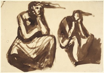 Twee afbeeldingen van Medea die nadenkt over de moord op haar kinderen door George Romney