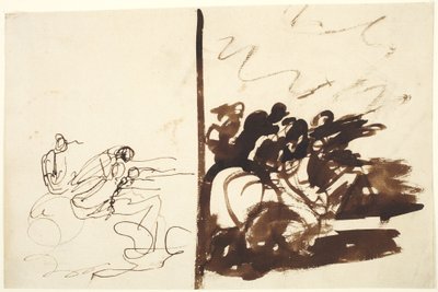 Twee afbeeldingen van een groep figuren die naar rechts gebaren door George Romney