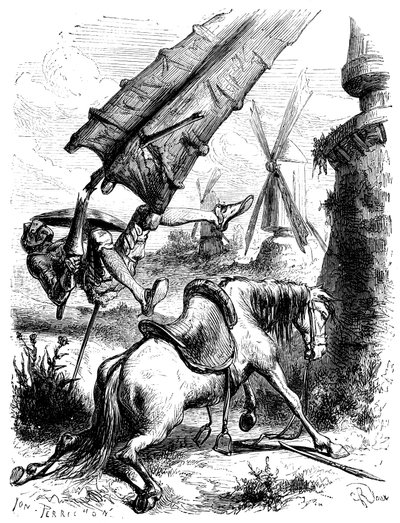 Strijd tegen de molens: Don Quichot en Rossinante worden op de grond gegooid door de vleugel van een molen door George Roux