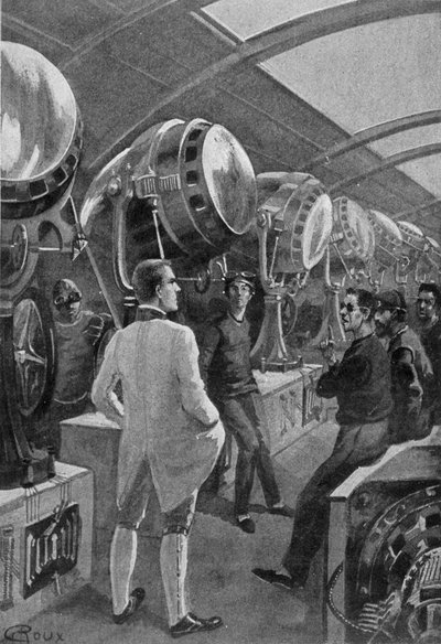 Mechanica voor hun machines, tekening door Roux in De dag van een Amerikaanse journalist in 2889 door Jules Verne door George Roux