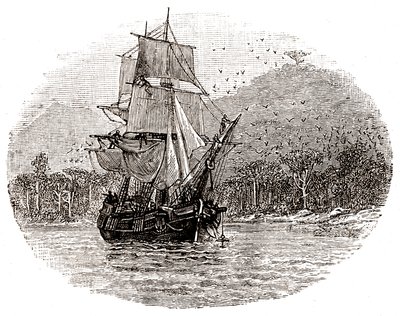 De Hispaniola gaat voor anker bij het eiland door George Roux