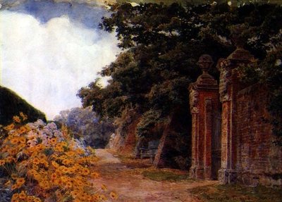 Een tuinrand met een muur en poort door George Samuel Elgood