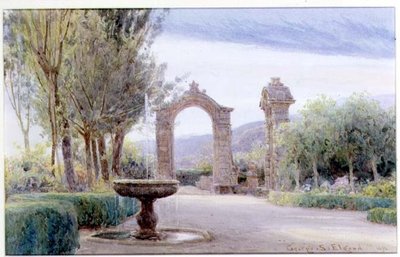 Een Italiaanse tuin met een fontein en twee bogen door George Samuel Elgood