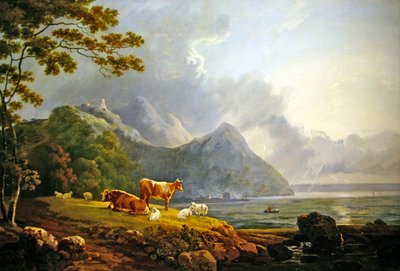 Een uitgestrekt landschap met schapen en koeien door George Senior Barrett