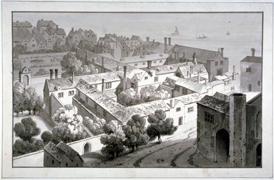 Vogelvlucht van het paleis van de bisschop van Winchester, Southwark, Londen, ca. 1820 door George Shepherd