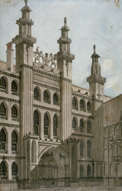 Zuidwestelijk uitzicht op de voorzijde van het Guildhall, City of London, 1810 door George Shepherd