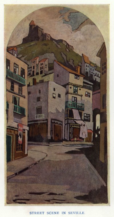 De Duenna door Sheridan: Straatscène in Sevilla door George Sheringham