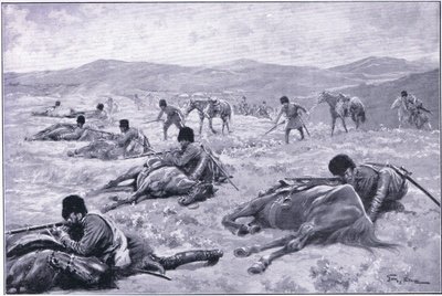 Een Kozak en zijn paard: een middel om dekking te zoeken tijdens een schermutseling, illustratie uit Cassells History of the Russo-Japanese War Vol 1, ca. 1900 door George Soper