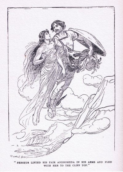 Perseus tilde zijn mooie Andromeda in zijn armen en vluchtte met haar naar de kliftoppen, uit The Heroes gepubliceerd door George Allen en Unwin 1929 door George Soper