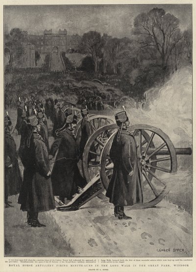 Koninklijke Rijdende Artillerie die minuutkanonnen afvuurt in de Lange Wandelgang in het Grote Park, Windsor door George Soper