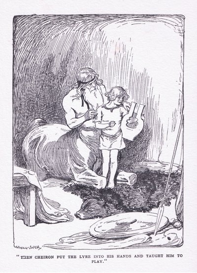 De Cheiron gaf hem de lier in zijn handen en bracht hem om te spelen, uit The Heroes gepubliceerd door George Allen en Unwin 1929 door George Soper