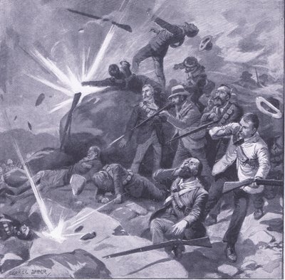 De laatste stand van de politie van Johannesburg bij Bergendal, illustratie uit Na Pretoria: De Guerrillaoorlog, 1902 door George Soper