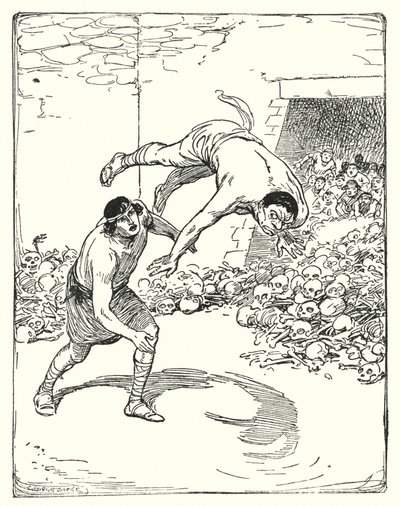 Theseus: "Theseus gooide hem recht over zijn schouder op de grond" (litho) door George Soper