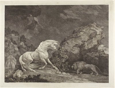 Een paard bang gemaakt door een leeuw door George Stubbs