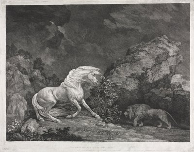 Een paard dat bang is voor een leeuw door George Stubbs