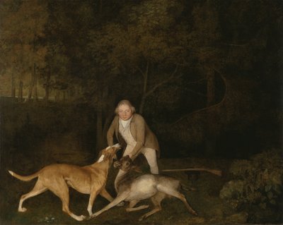 Freeman, de jachtopziener van de graaf van Clarendon, met een stervende hinde en jachthond door George Stubbs