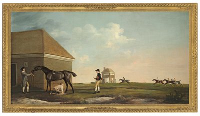 Gimcrack op Newmarket Heath met een trainer, een jockey en een staljongen door George Stubbs