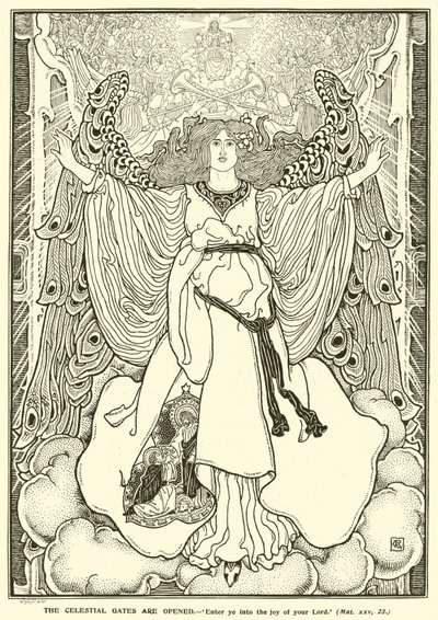 De hemelse poorten worden geopend (gravure) door George Woolliscroft Rhead