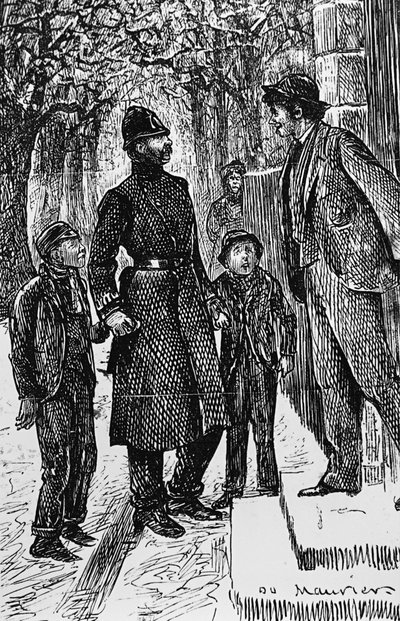 Een Londense politieagent presenteert twee straatjongens aan de heer voor wiens deur ze een glijbaan op het ijs hebben gemaakt door George du Maurier