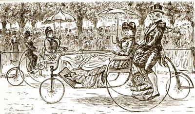 Een gravure die passagiers toont in fietskarren door George du Maurier