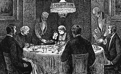 Een hogere klasse familie aan tafel door George du Maurier