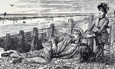 Cartoon van een stel dat geniet van hun huwelijksreis op een kiezelstrand door George du Maurier