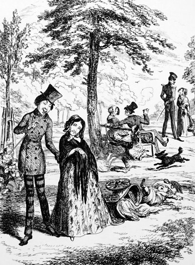 Cartoon die een huishoudelijke dienstmeid toont die met haar minnaar wandelt door George du Maurier (1834-1896) een Frans-Britse cartoonist en auteur door George du Maurier
