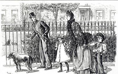Cartoon die een gezin toont dat door de straten van het Victoriaanse Londen loopt door George du Maurier