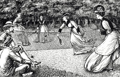Cartoon die een spelletje lawn tennis afbeeldt door George du Maurier