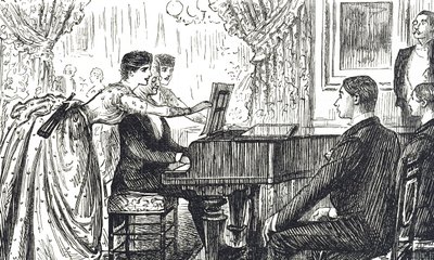 Cartoon die een muzikale avond thuis afbeeldt door George du Maurier