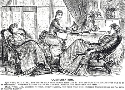 Cartoon van een vrouw die een handaangedreven naaimachine gebruikt door George du Maurier