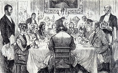 Cartoon die een elegant soirée in een Victoriaans huis afbeeldt door George du Maurier