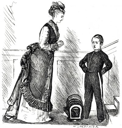 Cartoon van een brutale jongen die zijn moeder ongehoorzaam is door George du Maurier