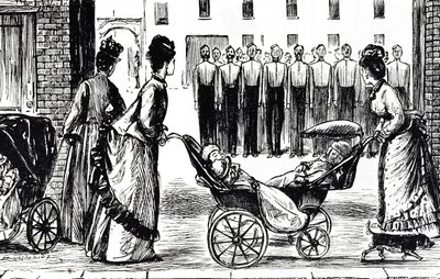 Cartoon die kindermeisjes afbeeldt die hun kinderwagens langs de kazerne rijden door George du Maurier