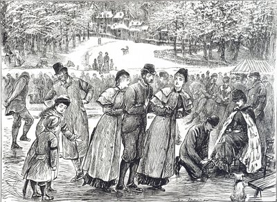 Cartoon van schaatsers op een bevroren meer door George du Maurier