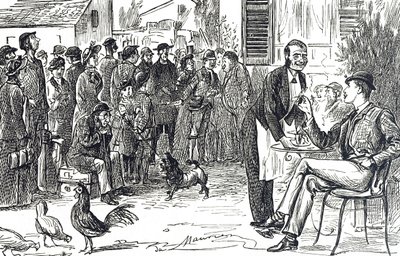 Cartoon van de vroege dagen van de Thomas Cook rondleiding door George du Maurier