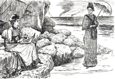 Cartoon die vrouwen met pince-nez brillen toont door George du Maurier