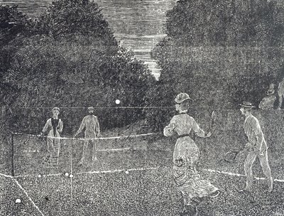 Gravure die het gebruik van witte fosforverf aanbeveelt aan tennisspelers door George du Maurier