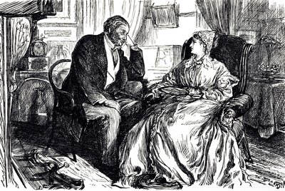 Georges du Maurier cartoon die een man en vrouw illustreert in gesprek over de kalmerende voordelen van levertraan. Engeland 1869 door George du Maurier