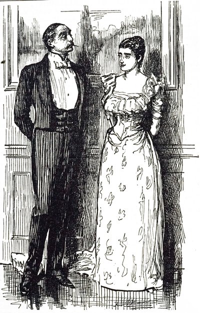 Cartoon van Georges du Maurier die een man en vrouw in gesprek toont op een society-evenement, Engeland 1891 door George du Maurier