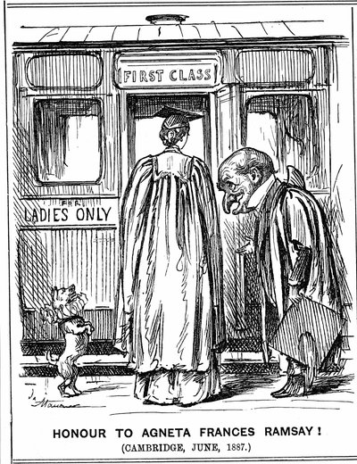 Mr Punch buigt voor Agneta Frances Ramsay die met First Class Honours slaagde, maar geen graad kon ontvangen omdat Cambridge deze op dat moment niet aan vrouwen toekende. George du Maurier cartoon uit Punch, Londen, 2 juli 1887 (gravure) door George du Maurier