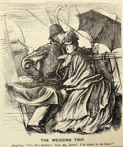 De Huwelijksreis: Huwelijksreis koppel lijdt aan zeeziekte tijdens het oversteken van het Kanaal. George du Maurier cartoon uit 