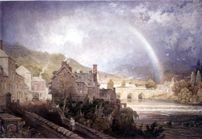 Dorp en Brug van Llangollen, Noord-Wales, met Regenboogeffect door George the Younger Barret