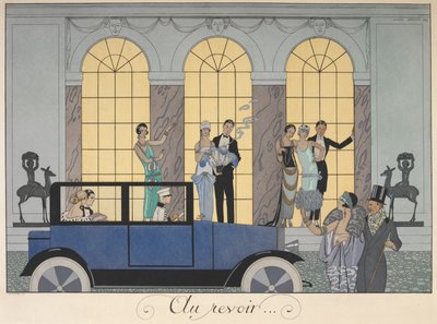 Vaarwel. Mensen vertrekken in een auto. Mensen in avondkleding. door Georges Barbier