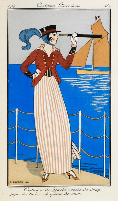 Yachtkostuum: jas van stof, rok van linnen, leren hoed. Een vrouw in een yachtkostuum: een rode stoffen jas, gestreepte linnen rok, een leren hoed en een blauwe sjaal. Ze gebruikt een telescoop, wijzend naar de boot op de achtergrond. Costumes Parisiens. door Georges Barbier