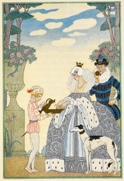 Elizabethaans Engeland. Een dame en heer, en bediende. Een windhond. door Georges Barbier