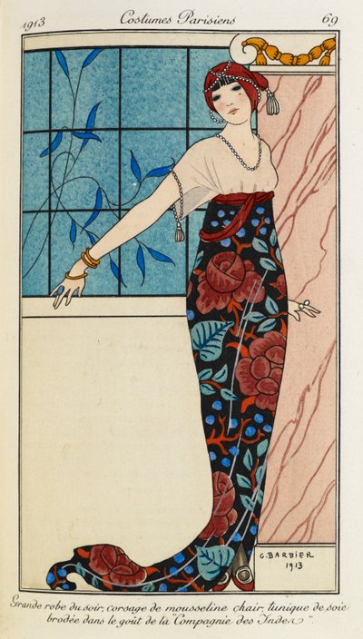 Grande robe du soir, corsage de mousseline chair tunique de soie brodée dans la goût de la Compagnie des Indes. Costumes Parisiens no.69. Vrouw draagt een avondjurk met een chiffon lijfje en een zijden geborduurde tuniek. Ze draagt ook een rode sjaal. door Georges Barbier