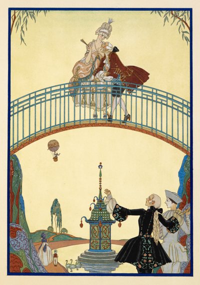 À La Promenade. Een man en vrouw op een brug. Pierrot, beneden. door Georges Barbier