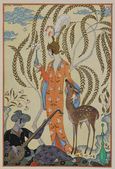 Perzië. Een vrouw met een hert. Een muzikant door Georges Barbier