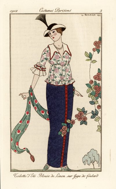 Zomerkleding met bloemen linnen blouse en foulard rok. Toilette d’été, blouse de linon sur jupe de foulard. Handgekleurde pochoir (stencil) ets naar een illustratie van George Barbier uit Tommaso Antongini’s Journal des Dames et des Modes, Aux Burea door Georges Barbier
